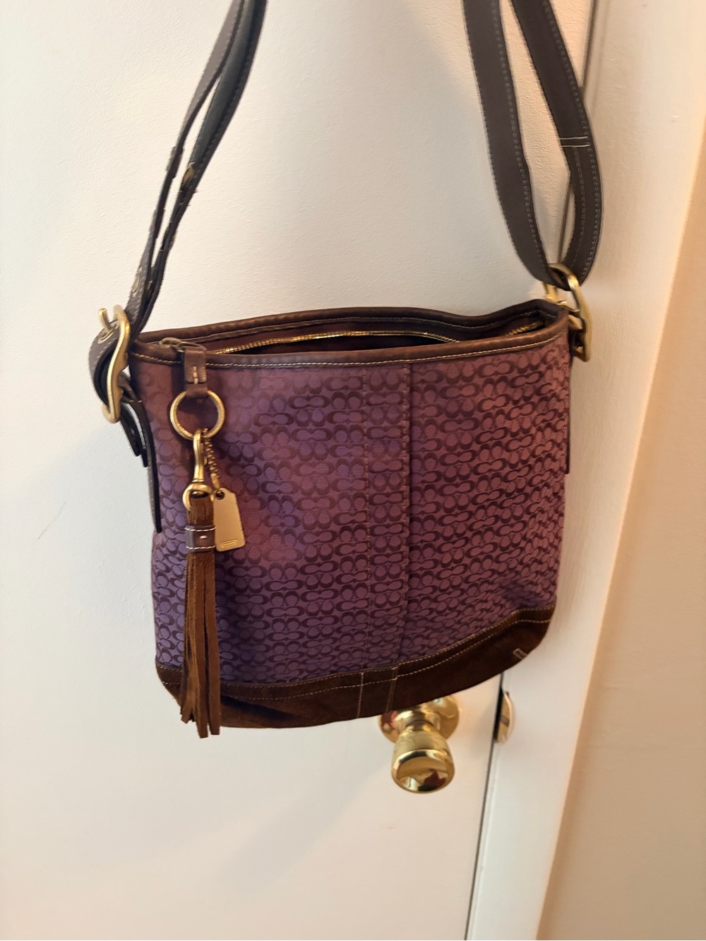 VTG Coach F10417 Signature Jacquard Purple Suede Convertible Crossbody Bag Y2K
